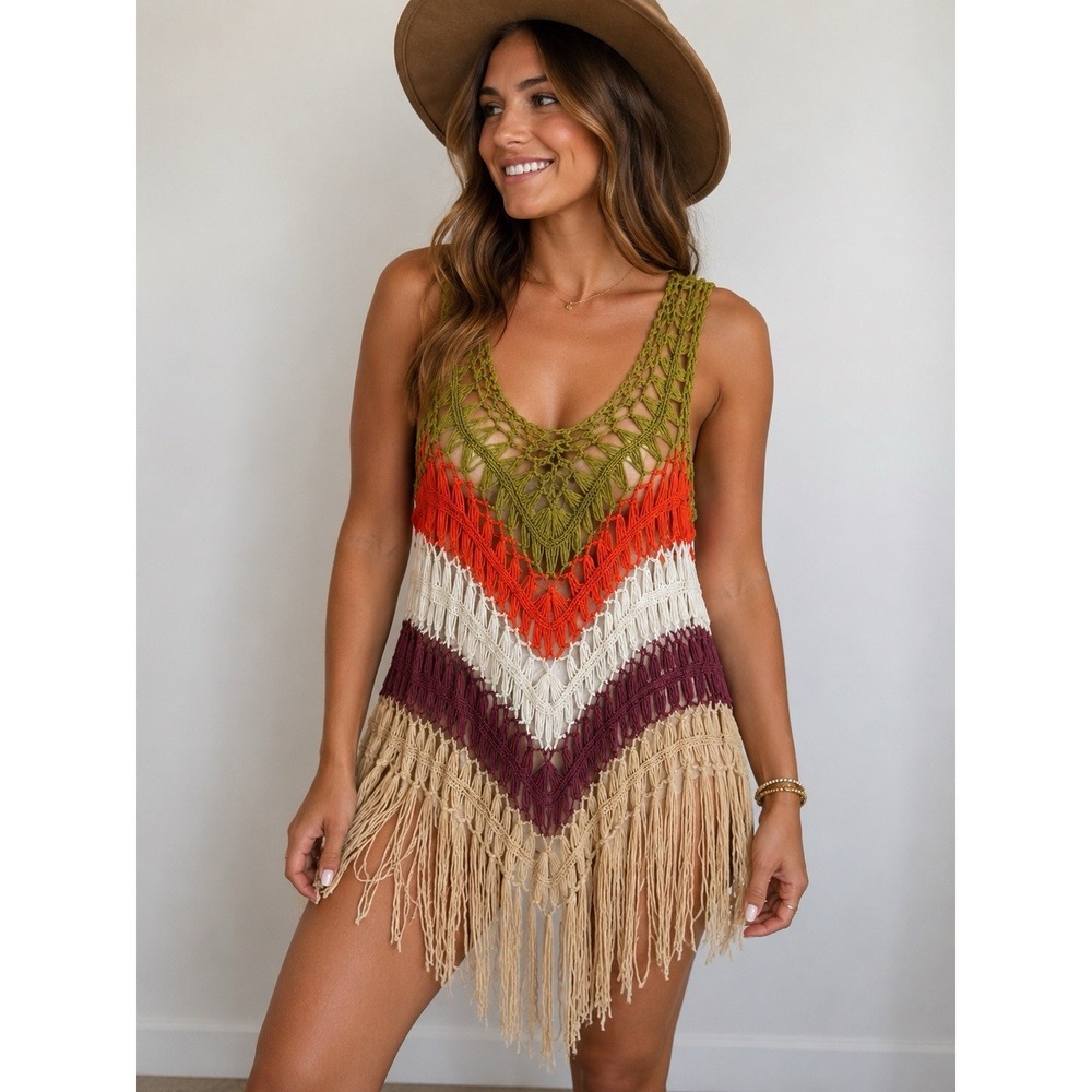 Boho Crochet Fringe Cover Up Festival Top Multicolor Sleeveless One Size